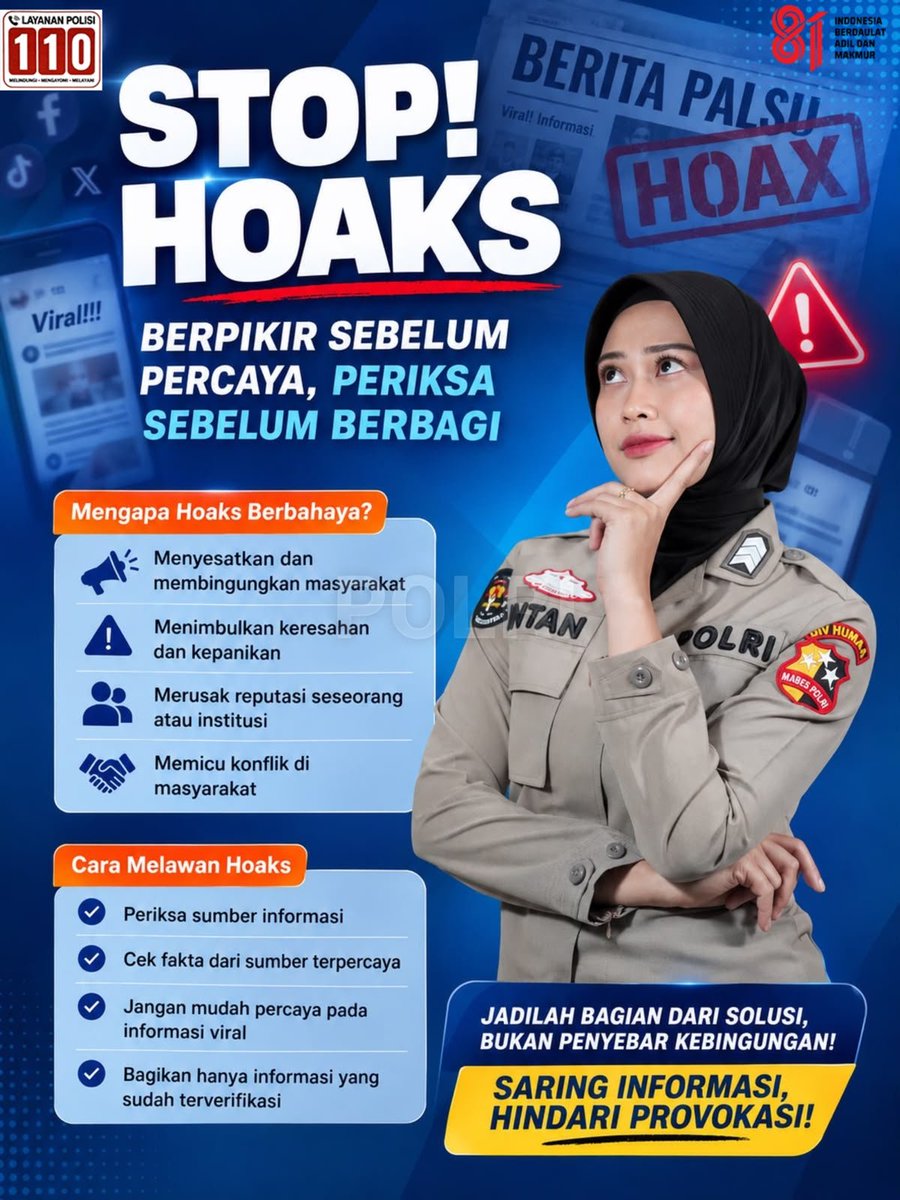 PolresW42361's tweet photo. Hoaks bisa menyebar dalam hitungan detik. Pastikan informasi yang diterima benar sebelum ikut membagikannya. Mari Jaga Kenyamanan Bersama, Kita Wujudkan #DamaiSuarakanAspirasi https://t.co/cjzk31Z1HM