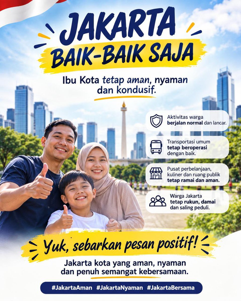 bhumiOcean's tweet photo. Aktivitas lancar, transportasi aman, dan suasana kondusif. Jangan gampang termakan hoaks atau isu bikin panik. Mari jaga kedamaian dan sebarkan pesan positif! 🤝❤️
​#JakartaAman #JakartaNyaman #JakartaBersama #JakartaKondusif https://t.co/8LC4f9kYGt