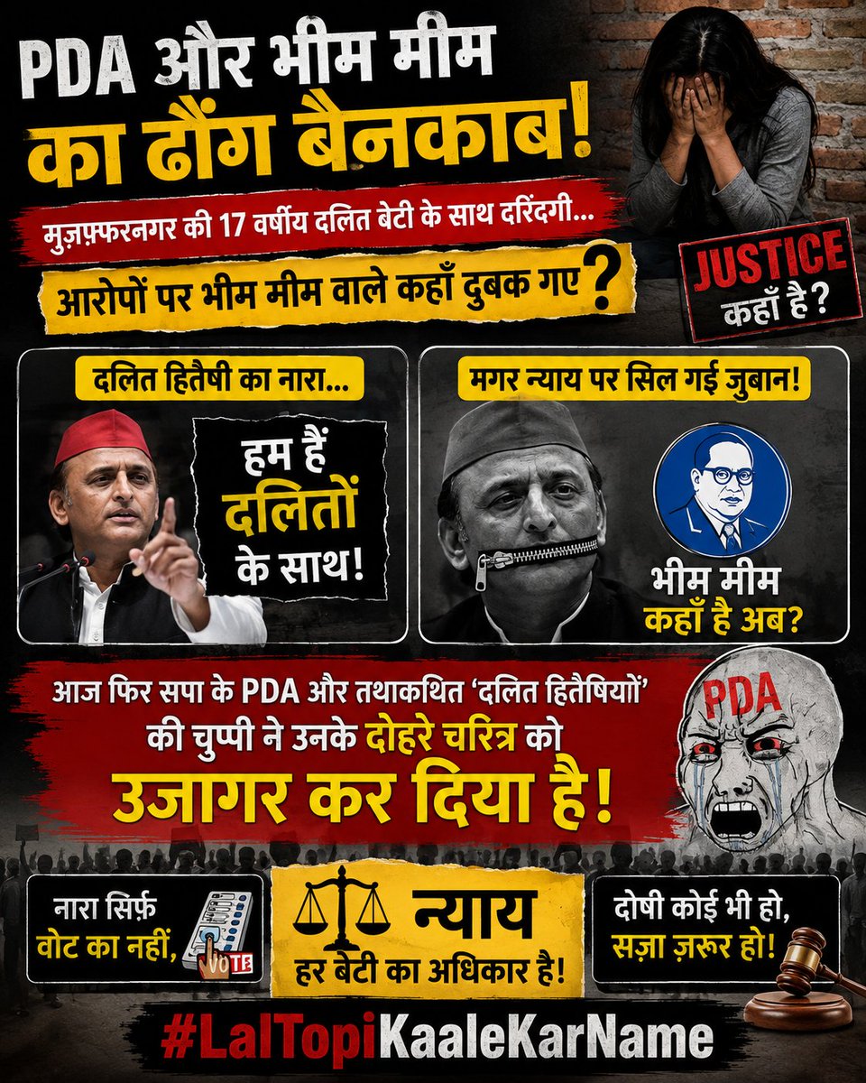 ShagunX_'s tweet photo. PDA के नारों से आगे भी एक दुनिया है!

मुज़फ्फरनगर की 17 वर्षीय दलित बेटी के साथ हुई कथित दरिंदगी के मामले में सवाल सिर्फ़ घटना का नहीं, बल्कि उन आवाज़ों का भी है जो हर मंच पर दलित अधिकारों की बात करती हैं।
जब न्याय की जरूरत हो, तब राजनीति नहीं- पीड़िता के लिए आवाज़ और दोषियों पर कार्रवाई चाहिए।
दलित सम्मान किसी पार्टी का चुनावी नारा नहीं, न्याय का अधिकार है।
#LalTopiKaaleKarName