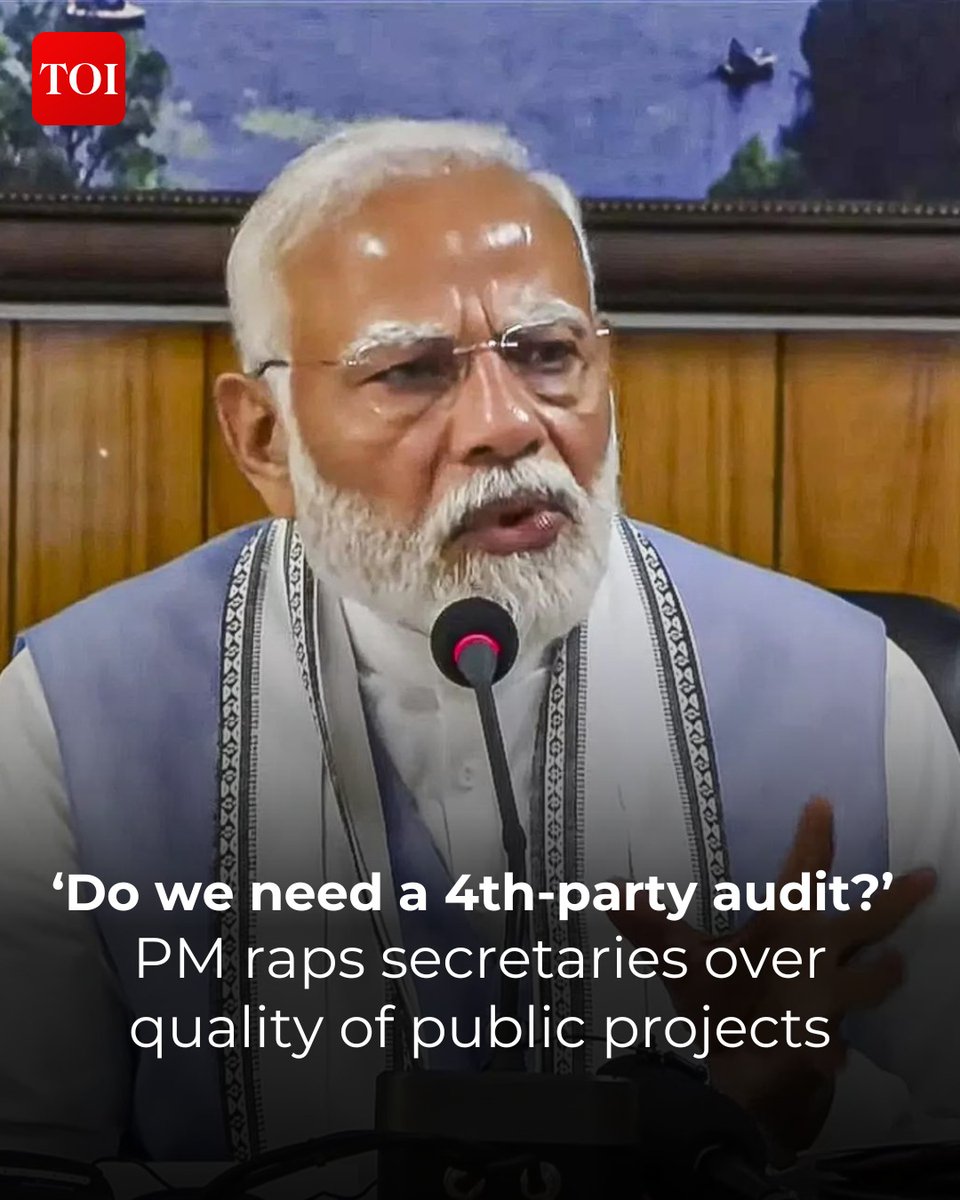 timesofindia's tweet photo. Do we now need to go for a fourth-party audit?” PM Modi is learned to have asked secretaries at the Centre and chief secretaries in states while expressing concerns over reports of quality issues in construction and public projects. He made the observation that though “third-party” audit of quality of works is a standard practice, this might not be working as expected.

Details here 🔗https://t.co/16soXCFxMv

Read more. Download the TOI App 👉 https://t.co/ogFaRsUKyn

#PMModi #NarendraModi #GovernmentProjects #Infrastructure #QualityAudit #ThirdPartyAudit