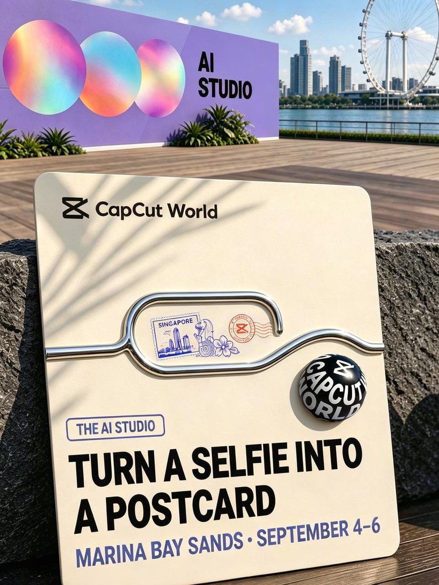 capcutapp's tweet photo. ⛲️ CapCut World is coming to Marina Bay Sands, Singapore, September 4 to 6.  

We're taking over the waterfront for three days, with our newest creative tools across AI, design and video studios. Walk in, try them out, and leave with something you made.  

The World opens at noon September 4, and 10am–9pm on September 5–6. Grab a Stamp Card, hit every studio, and unlock a little surprise at the end.

Show us what you make with CapCutWorld & CapCutWorldSG.

More at https://t.co/Z8mwYQXFSA