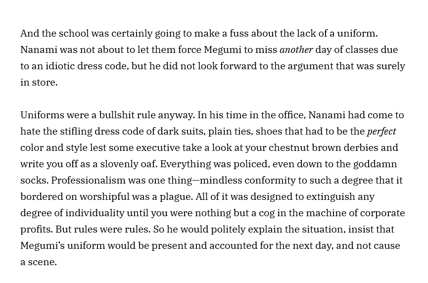 kerfuffledome's tweet photo. working on a #nanago fic where gojo dumps the fushiguros off on nanami's roof and makes him babysit them. i love writing nanami complaining about things https://t.co/jXoIjITMCb