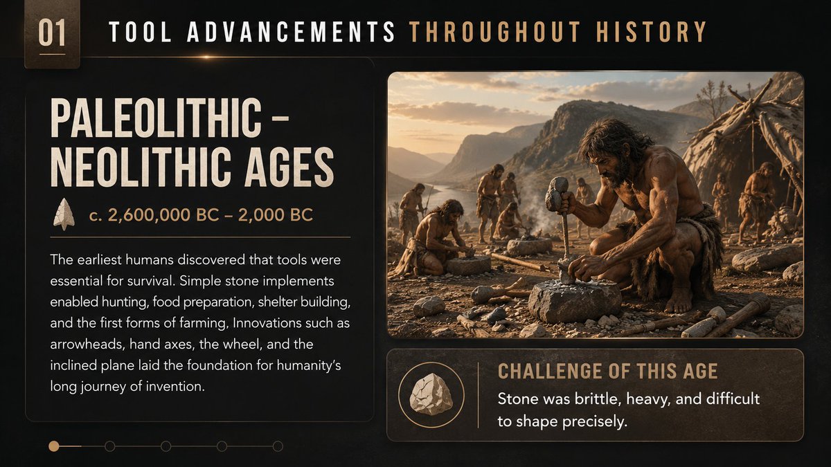 BeWithHridoy's tweet photo. From stone tools to Generative AI, humanity has always built tools to extend what we are capable of.

Stone gave us survival.
Metal gave us strength.
Machines gave us scale.
Computers gave us information.
Now AI is beginning to give us something different: intelligence as a tool.

I put together a short visual journey through how our tools evolved across history — and how each new age created both new possibilities and new challenges.

Maybe AI isn't a break from human history.
Maybe it's the next chapter of it.

Swipe through ↓

What do you think comes after the AI age?