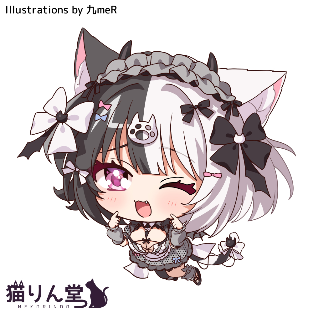 nekorindou's tweet photo. 猫りん堂新看板娘たちのミニキャラをお披露目その2🎉

桃豆こまもち先生がキャラデザしてくださった
「テン」のミニキャラ2パターンです🖤🤍

今回も九meR(きゅーめる)先生にお描きいただきました！
がんばって小悪魔ムーブしようとしていて微笑ましい…😎

色々な場面でお見かけするかと思いますので
これからよろしくお願いしますっ(⁎ᴗ͈ ⩊ ᴗ͈⁎)

@koma_momozu
@9meRnn