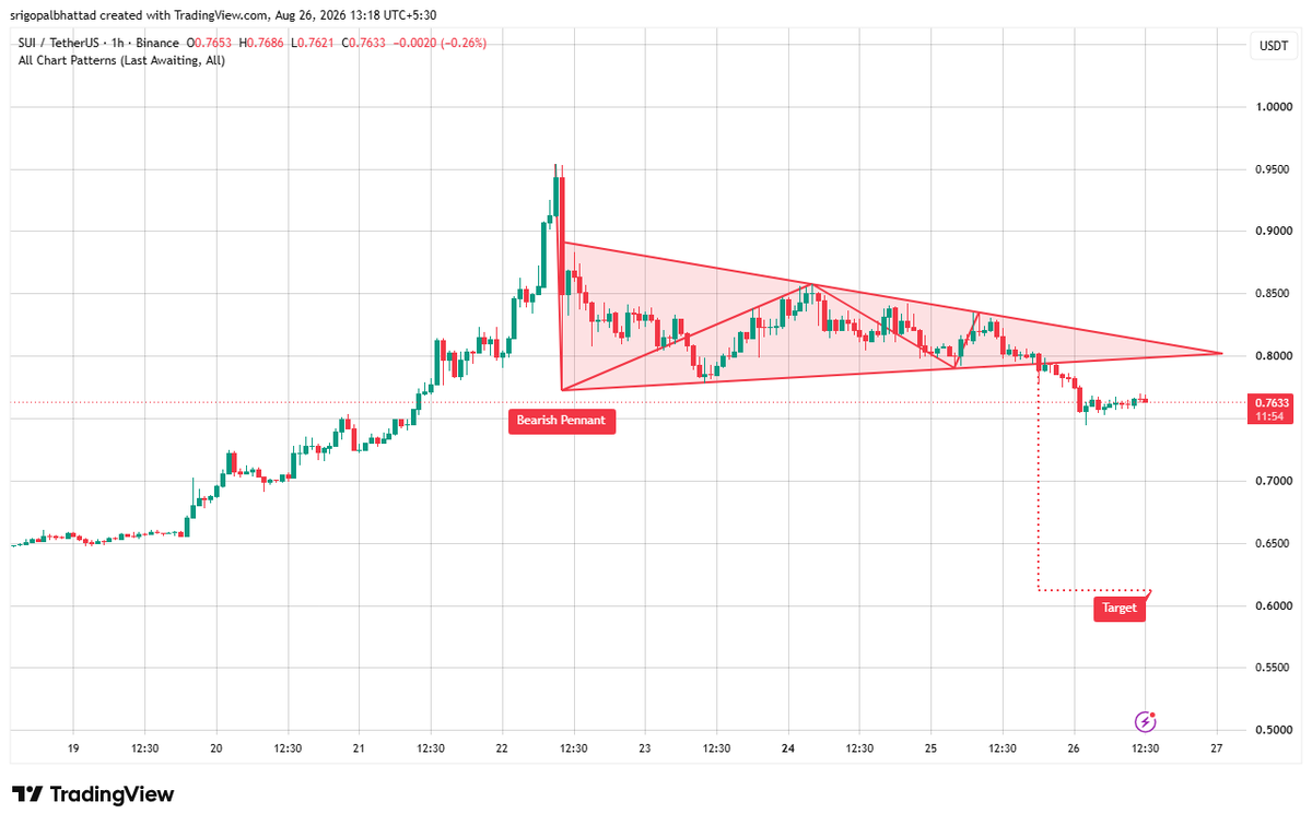 cryptowithgopal's tweet photo. $SUI is forming a bearish pennant 👀

Price broke below the pennant support near $0.80, confirming bearish momentum after the consolidation. If sellers stay in control, the move could extend toward the $0.61 target 📉🔥

Bears have taken control. Bearish sentiment building.

#Sui #SUI #Crypto #Altcoins #CryptoTrading