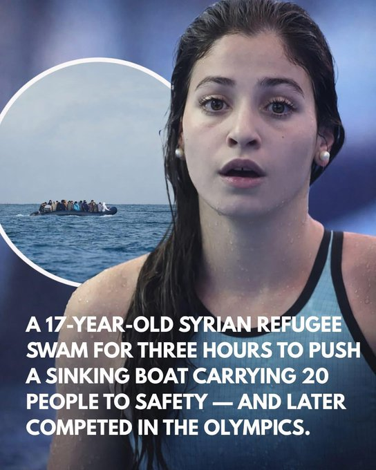 Rainmaker1973's tweet photo. In August 2015, at age 17, Yusra and her older sister Sara fled the Syrian civil war. 

They reached Turkey and boarded an overcrowded inflatable dinghy (designed for 6-7 people but carrying about 20 refugees) heading across the Aegean Sea to the Greek island of Lesbos.

About 20-30 minutes into the crossing, the engine failed, and the boat began taking on water and sinking. Most passengers couldn't swim. Yusra, Sara (also a swimmer), and two other capable swimmers jumped into the sea. They grabbed ropes or the sides and swam/pushed/pullled the boat for over three hours (accounts vary slightly from 3 to 3.5 hours) until they reached safety on Lesbos. This effort kept the boat afloat and prevented it from capsizing, saving everyone on board, including themselves.

Yusra later made her way to Germany, resumed training, and was selected for the first-ever Refugee Olympic Team (under the Olympic flag). She competed in swimming at the 2016 Rio Olympics (women's 100m butterfly and freestyle events) and again with the Refugee Olympic Team at the 2020 Tokyo Olympics.
