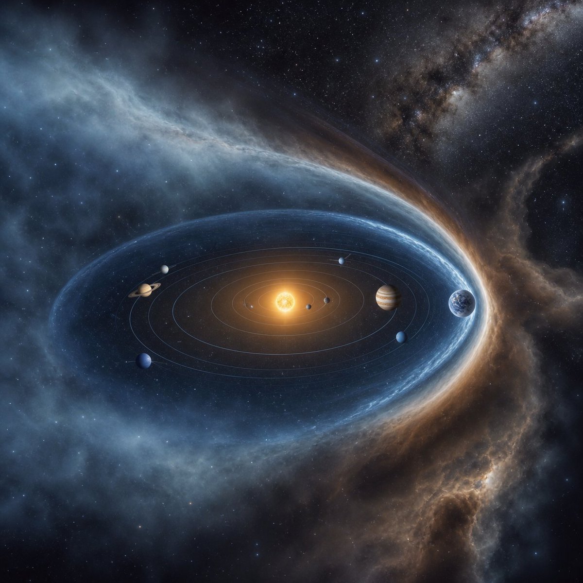 BlytheHackxhrq's tweet photo. Our solar system has its own protective bubble: the heliosphere. NASA-backed modeling suggests dense interstellar clouds may have squeezed it inside Earth’s orbit several times, exposing our atmosphere to a very different space environment—and possibly nudging ancient climate. https://t.co/FPjU8hvPFu