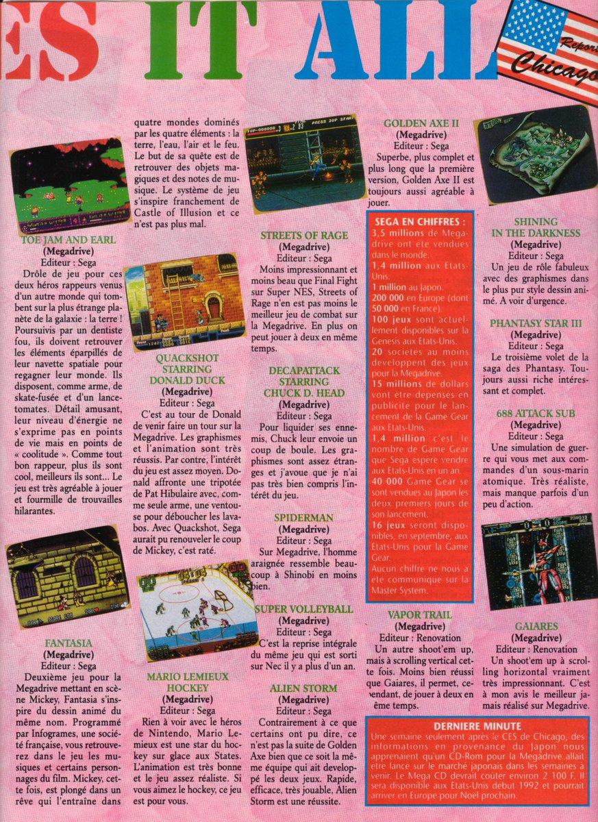 AllmightoFranky's tweet photo. On enchaune avec le dossier sur le CES de l'été 91 à Chicago! 3 pages consacrées à #SEGA avec du lourd,le #MegaCD en approche,des gros jeux avec #StreetsOfRage,#ShininginTheDarkness,#RollingThunder2 et l'inoubliable #QuackShot! 2/5 https://t.co/SoKLJmgHwT