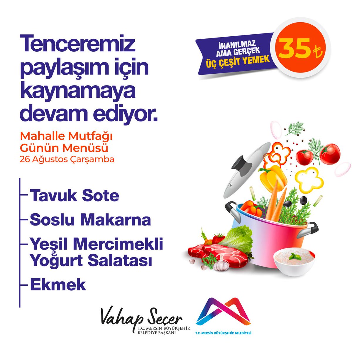 mersin_bld's tweet photo. 26 Ağustos Mahalle Mutfakları menümüz:

Tavuk sote, soslu makarna, yeşil mercimekli yoğurt salatası, ekmek.

Mahalle Mutfağı noktaları için:
https://t.co/QvkRxiS8C5 https://t.co/j3YLKAlXev