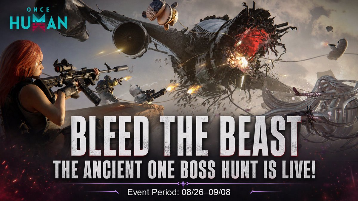 OnceHuman_'s tweet photo. 🩸 BLEED THE BEAST is LIVE!

The Ancient One has awakened in Discord, and its HP is shared by the WHOLE community. ⚔️

Strike every 30 min. Climb the leaderboard. Win Crystgin + Gift Cards. 🎁

🗓️ Aug 26 – Sep 8

👇Join the hunt now:
https://t.co/ntJvaC2qP4

#OnceHuman #oncehumanmobile #OnceHumanConsole