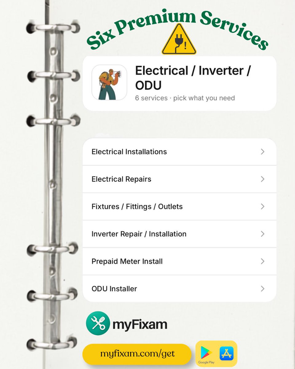 myfixam's tweet photo. Choose what you need:
⚡ Electrical Installations
🔧 Electrical Repairs
💡 Fixtures, Fittings &amp; Outlets
🔋 Inverter Repair / Installation
📟 Prepaid Meter Install
📡 ODU Installation

Electrical problem? MyFixam get you covered. 

#MyFixam #Electrician #fyp #nigeria #asmr https://t.co/ZgoqbQnv06
