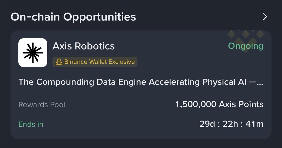 EmonCrypto2's tweet photo. 🚨 Binance x Axis Robotics — 1.5M $AXIS Points Pool

🤖 Axis Robotics × Binance Keyless Wallet
💰 1,500,000 Axis Points reward pool
⛓️ Verified on Base

How to participate:
• Open Web3 Wallet & Click on Discover
• Click Event banner & Connect Binance Wallet
• Complete the Axis robotics simulation tasks
• Submit/verify your trajectories on-chain
• Keep completing tasks to earn points

📌 40 tasks currently available
🎯 Points pool: 1.5M Axis Points
🔄 Rewards are settled every 2 weeks

If you’re already farming Binance Wallet campaigns, this one is worth adding to the list. 👀

Don’t just farm — get positioned early. ⚡️