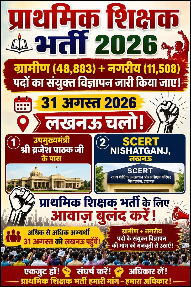 rajacademypra's tweet photo. 📢 जरूरी सूचना — प्राथमिक शिक्षक भर्ती 60,000

🎯 ग्रामीण + नगरीय को मिलाकर 60,000 पदों पर प्राथमिक शिक्षक भर्ती की मांग।

📅 31 अगस्त 2026
⏰ सुबह 7 बजे | लखनऊ

📍 मुख्य स्थान:
1️⃣ उपमुख्यमंत्री श्री ब्रजेश पाठक जी का आवास
2️⃣ SCERT, निशातगंज, लखनऊ https://t.co/7rHVnF4Jb6