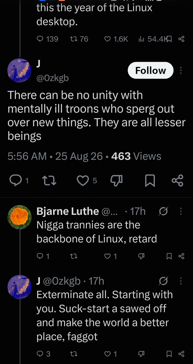 kmcnam1's tweet photo. I've seen similar comments on Network Chuck's recent posts about Omarchy. It went on for several days. 
Later, he made a new post encouraging people to keep going, keep debating, and keep arguing. Just maybe be a little "kinder " when you do it.

He monetized his social media so it's more bucks for him if he quietly sits by and lets people fight in the comments.  Because of that, he never seems to block them or hide their comments when people are using transphobic or racist slurs or when they advocate for exterminating an entire group of people. If he does that, then I suspect that it would affect his engagement rate.

If I saw someone attacking someone for their race, gender, gender identity, orientation, etc in my comments, I certainly would say or do something about it.