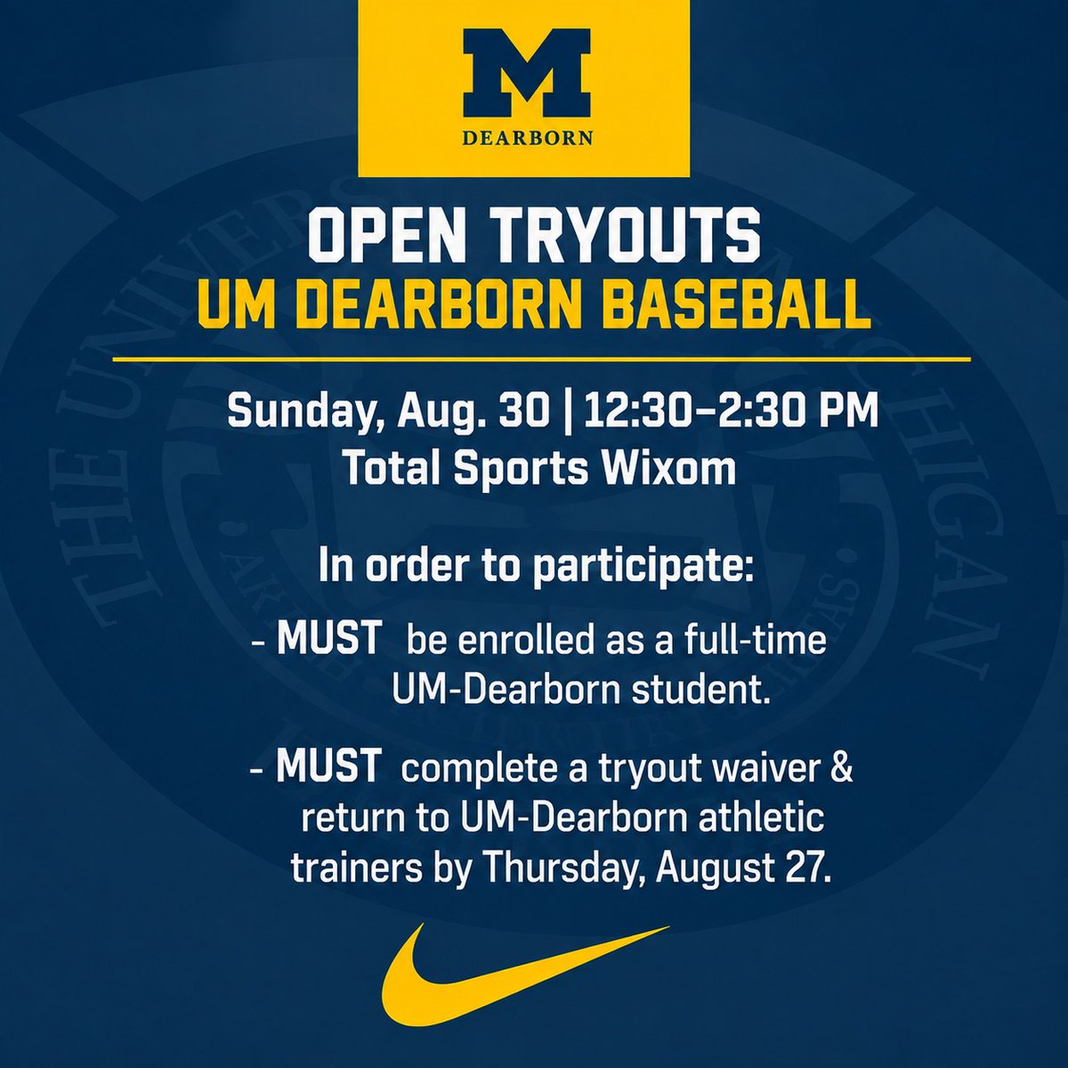 UMDearbornBSB's tweet photo. UM-Dearborn Baseball is hosting OPEN TRYOUTS for current UM-Dearborn students!
Waiver Link Here ➡️ https://t.co/wUrICW7Z8j
#GoBlue #UMDearborn #WolverineBaseball #OpenTryouts #CollegeBaseball https://t.co/M7NygrJbQt