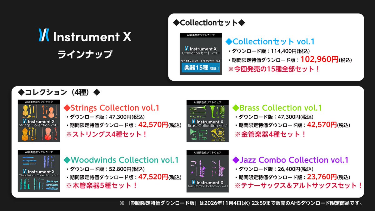ahsoft's tweet photo. 【AHSダウンロード】
『Instrument X』Collectionセット、各種コレクション(4種)、楽器単体データベース(15種)を販売開始！
Collectionセットと各種コレクションは11/4(水) 23:59まで販売の「期間限定特価ダウンロード版」もご用意しています！ぜひご利用ください！
https://t.co/4kBnBLQNpV
#InstX https://t.co/lpm5TqZVBl