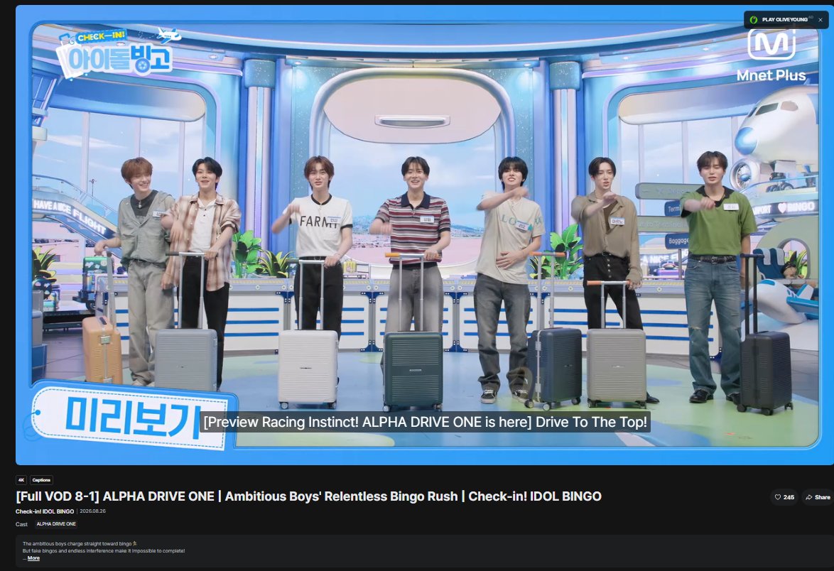 whistlleo's tweet photo. 260826 Mnet Plus Content

ALPHA DRIVE ONE | Ambitious Boys' Relentless Bingo Rush | Check-in! IDOL BINGO

ep1 https://t.co/4xbEcMaZ2g

ep2 https://t.co/Y9ylLrwKEt https://t.co/y7xaR4K1yK