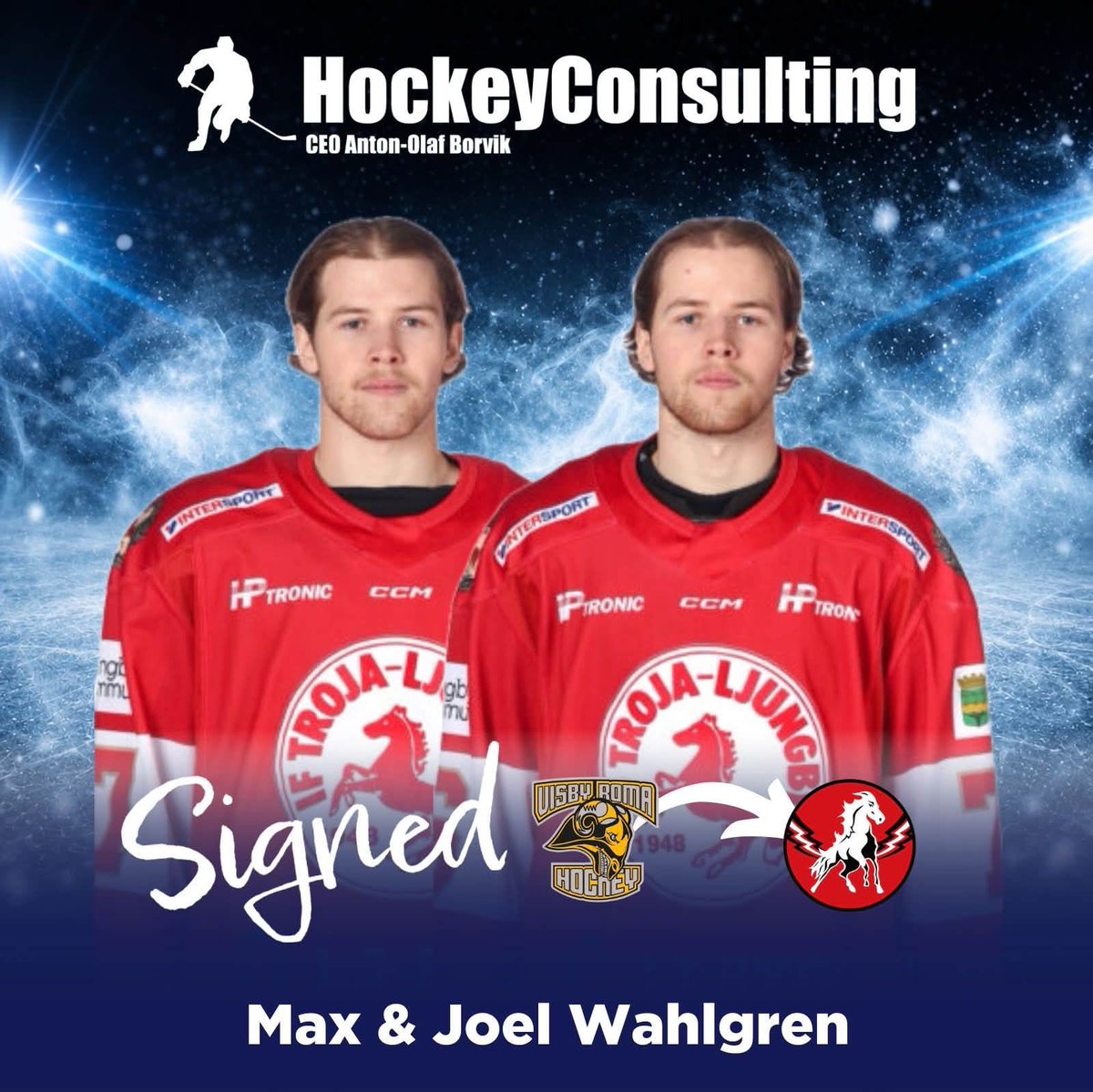AntonBorvik's tweet photo. Today’s ✍🏼in 🇸🇪
So happy to present that Max Wahlgren and Joel Wahlgren sign contract in Vita Hästen for the 26/27  season.
So exited that you finally can play together with your brother Tim Wahlgren😀
3 times Wahlgren will be this seasons hit 🔥
Go for it guys🏒
@Hockeyettan_ https://t.co/U6ZjnnnEah