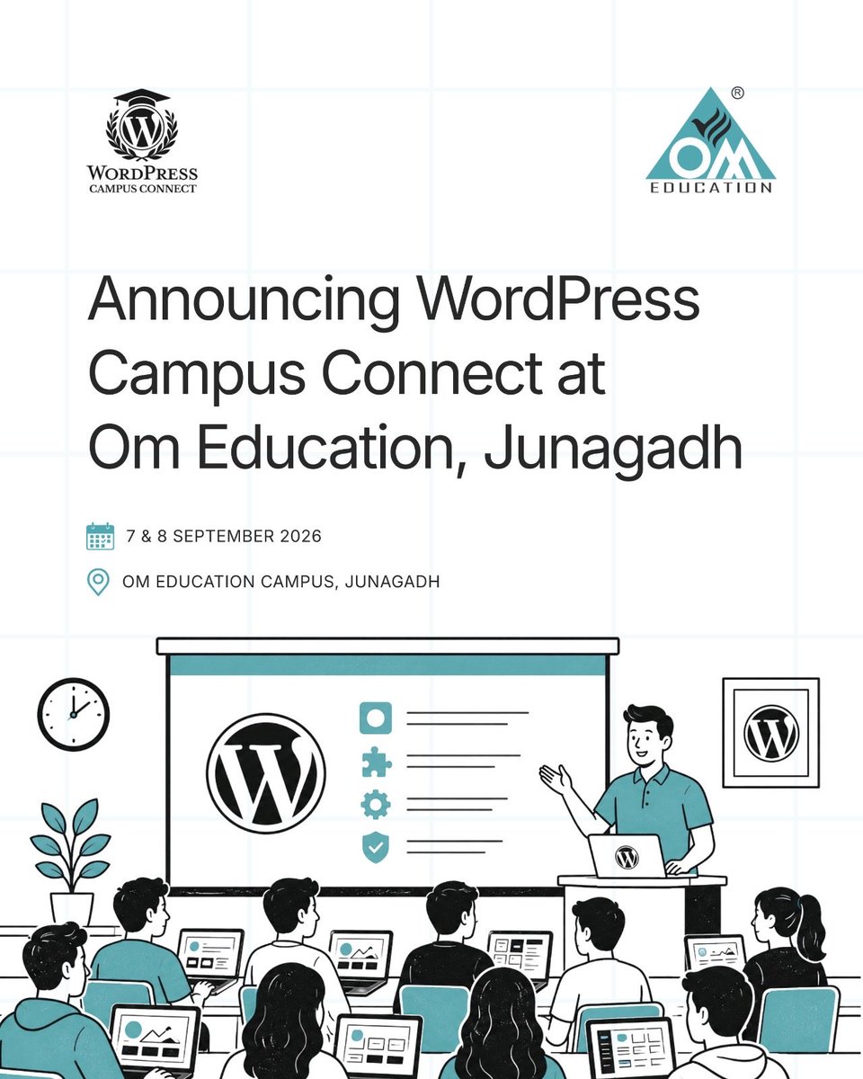 wpjunagadh's tweet photo. 🚀 Big News for Junagadh!
We’re excited to announce WordPress Campus Connect at OM Education, Junagadh! 🎓💻

📅 7 &amp; 8 September 2026 📍 OM Education Campus, Junagadh

Learn. Build. Connect. Grow. 🌐✨
Stay tuned for more updates!

#WordPressCampusConnect #WordPress https://t.co/pIU44Ec6k9