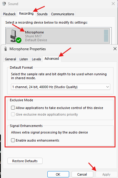SAIYANFPS's tweet photo. Disable this NOW if your mic volume keeps changing by itself:

Sound → Recording → Mic → Properties → Advanced

Uncheck both Exclusive Mode options and audio enhancements. https://t.co/RcL9K582Az