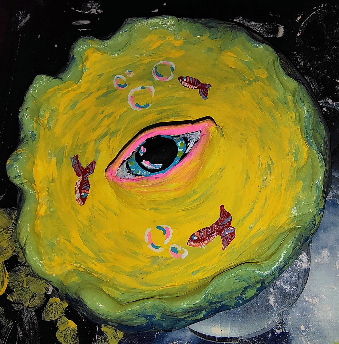 Fishundasea's tweet photo. The fish seem to be floating above water-- this must be the cause of the haunted lily pad! Welcome to the land of witchery, a pocket dimension for your rings and trinkets! 
#Crafts #clay #art https://t.co/w4u140vqGB