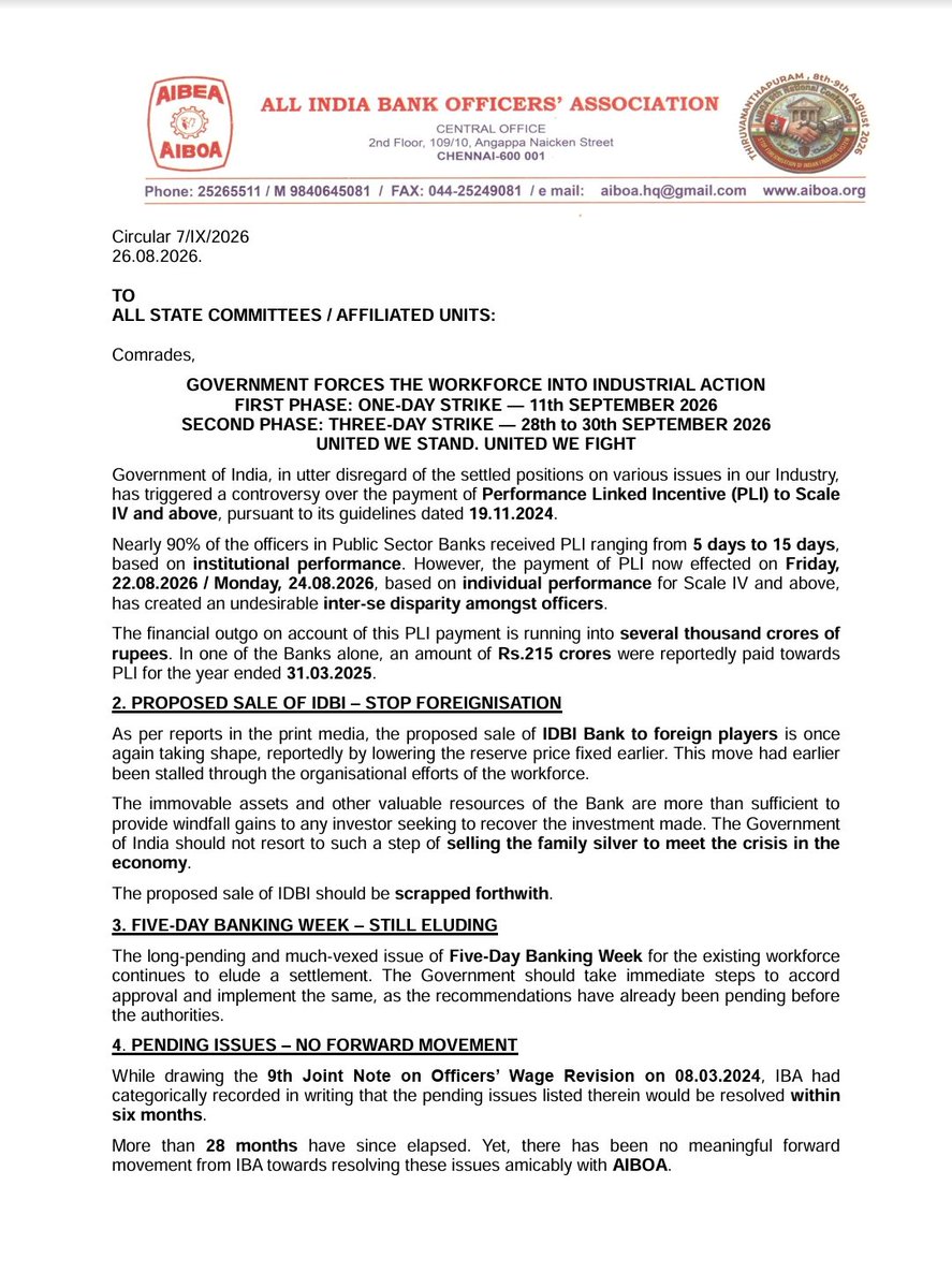 AIIDBIOA_BIHAR's tweet photo. 🚨 BANKING SECTOR UNITED!
AIBOA calls for decisive industrial action against injustice on key issues:
🔴 Uphold industry-level understanding on PLI
🔴 Stop foreignisation/sale of IDBI Bank
🔴 Implement the 5-day banking week
🔴 Resolve long-pending issues with IBA https://t.co/DIa5UDY7xZ
