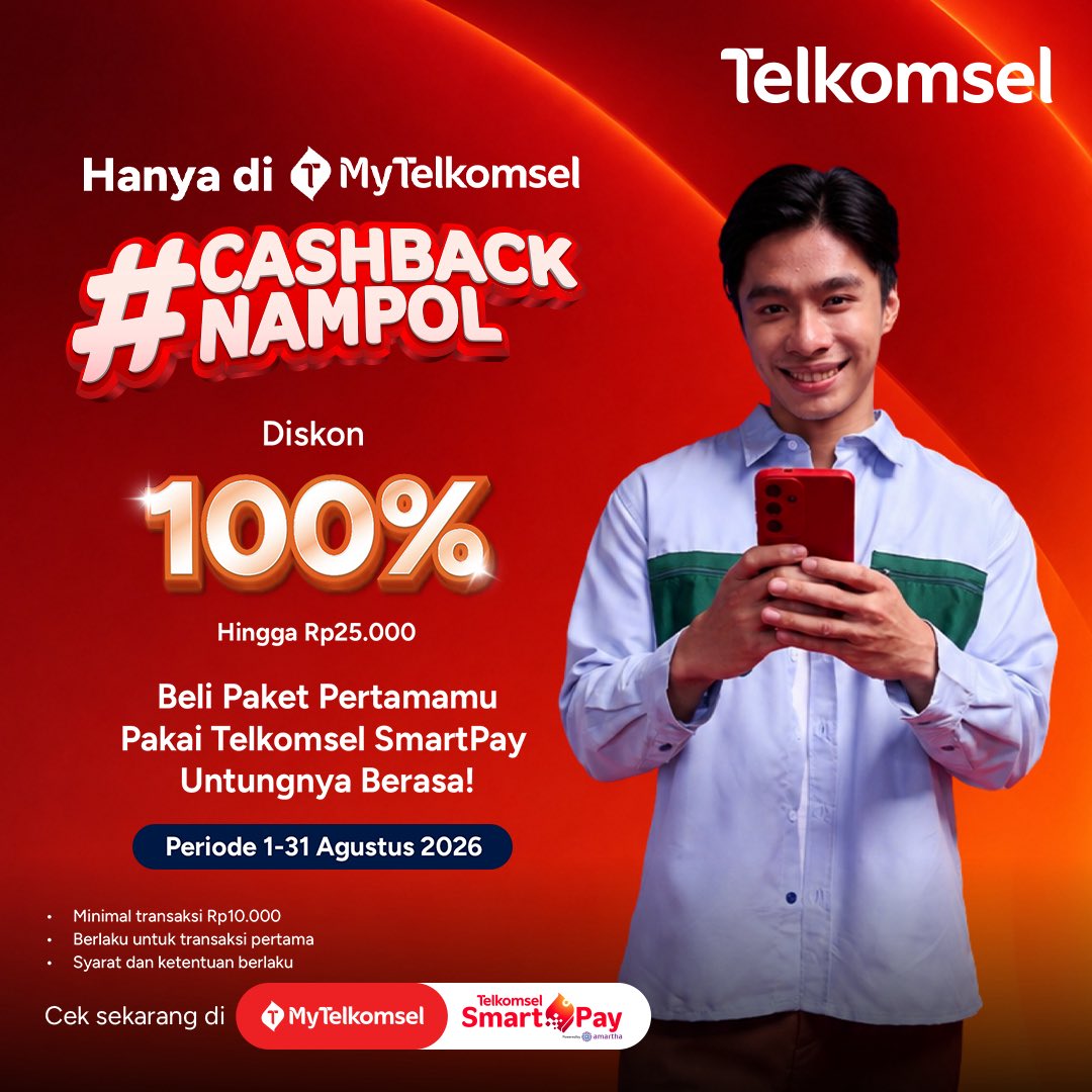 SIMPATI's tweet photo. Transaksi pertama pakai Telkomsel SmartPay? Bikin makin cuan! 💸🔥 Dapatkan 100% cashback hingga Rp25.000 saat beli paket. Yuk, manfaatkan promonya sampai 31 Agustus 2026!

Cek detailnya di https://t.co/RbYHbr2Ifb
#CashbackNampol https://t.co/sQVIaMFLyo