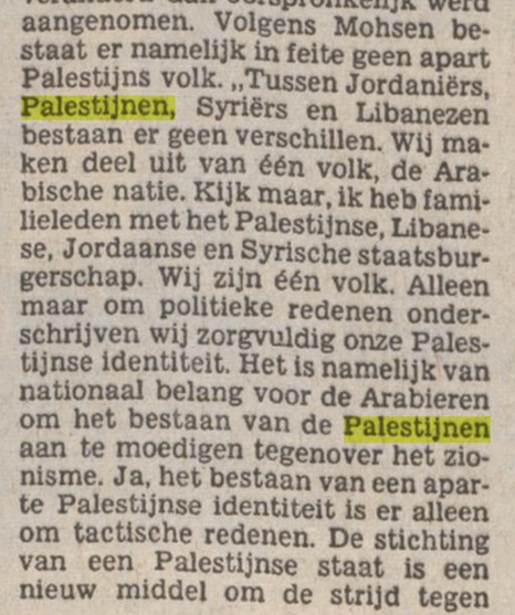 Repelsteeltje21's tweet photo. Toch dat artikel in Trouw (1977) eens opgezocht waarin een Palestijnse leider (Zahir Muhsein) stelde dat Palestijnen geen volk zijn.
Het is ook verder een heel interessant artikel, na te lezen bij Delpher. https://t.co/Yg0HqgBHzp
Tekst van deze screenshots in de volgende tweet. https://t.co/r7PplH3yKd