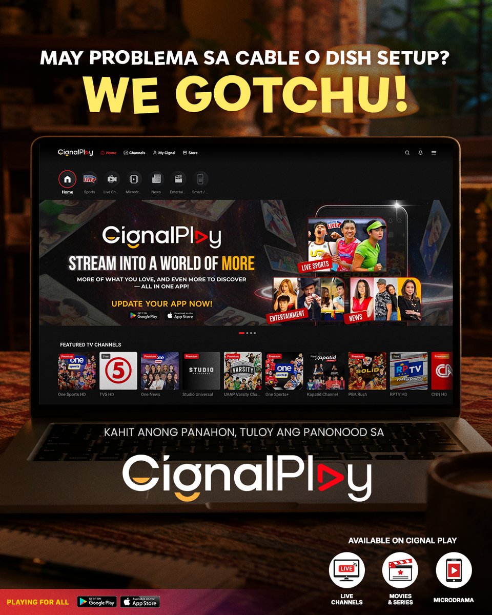 CignalPlay's tweet photo. Ito ang NO HASSLE STREAMING for you! 🤩🙌

'Di mo na kailangan ng matinding setup at home or anywhere you are! Enjoy the new and improved #CignalPlay featuring top entertainment, News, Microdrama, and #PilipinasLIVE's massive sports content, all in one app!

#PlayingForAll https://t.co/NS6p6QVrgK
