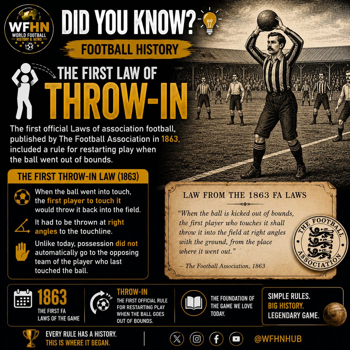 WFHNHub's tweet photo. ⚽ DID YOU KNOW? — FOOTBALL HISTORY
🤲 THE FIRST THROW-IN LAW
The first official Laws of association football, published by The Football Association in 1863, included a rule for restarting play when the ball went out of bounds.
The law stated that when the ball went into touch, the first player to touch it would throw it back into the field from where it crossed the boundary line, at right angles to the touchline.
🤯 This was very different from modern football, where the throw-in is awarded to the opposing team of the player who last touched the ball.
📅 1863 — The first FA Laws