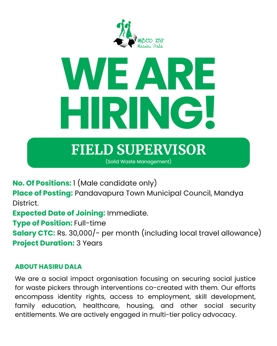 Hasiru_Dala's tweet photo. Hasiru Dala is hiring 3 Field Supervisors – Solid Waste Management to lead Zero Waste Gram Panchayat initiatives in Bengaluru Urban &amp; Rural.
📍 Mandya District
💼 Full-time | ₹30K/month
🎓 Bachelors + 3 yrs relevant experience
📩 anil@hasirudala.in | hr@hasirudala.in https://t.co/vMidp0jK6i