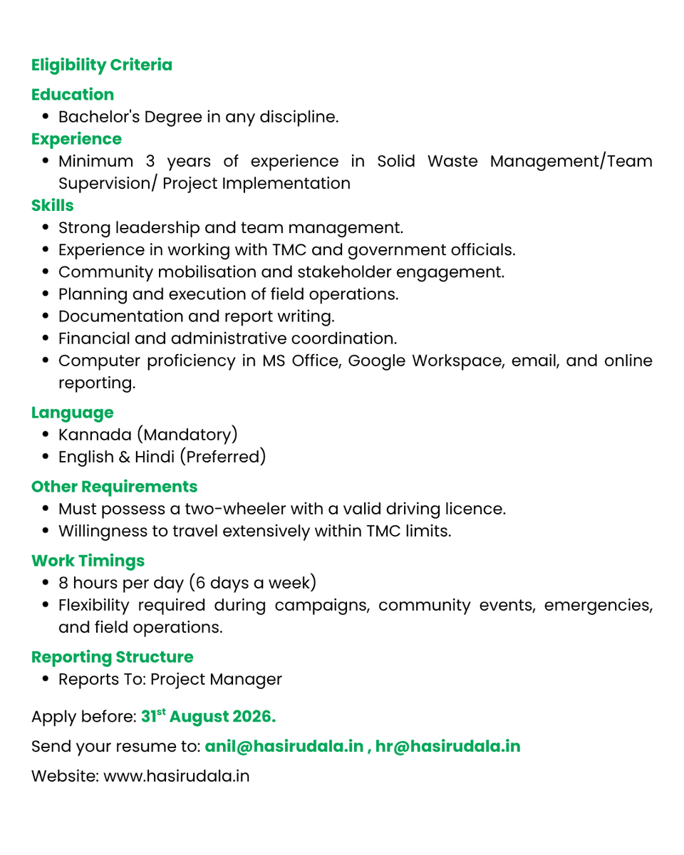 Hasiru_Dala's tweet photo. Hasiru Dala is hiring 3 Field Supervisors – Solid Waste Management to lead Zero Waste Gram Panchayat initiatives in Bengaluru Urban &amp; Rural.
📍 Mandya District
💼 Full-time | ₹30K/month
🎓 Bachelors + 3 yrs relevant experience
📩 anil@hasirudala.in | hr@hasirudala.in https://t.co/vMidp0jK6i