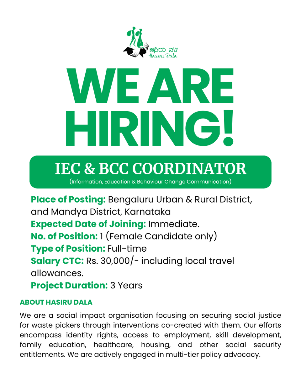 Hasiru_Dala's tweet photo. 📢 We’re hiring!
Hasiru Dala is looking for an IEC &amp; BCC Coordinator to lead community awareness, behaviour change &amp; training initiatives on sustainable waste management.
📍Bengaluru &amp; Mandya
💼3+ yrs experience
💰₹30,000 CTC
📩anil@hasirudala.in | hr@hasirudala.in
Link below. https://t.co/atW8L6DxLY
