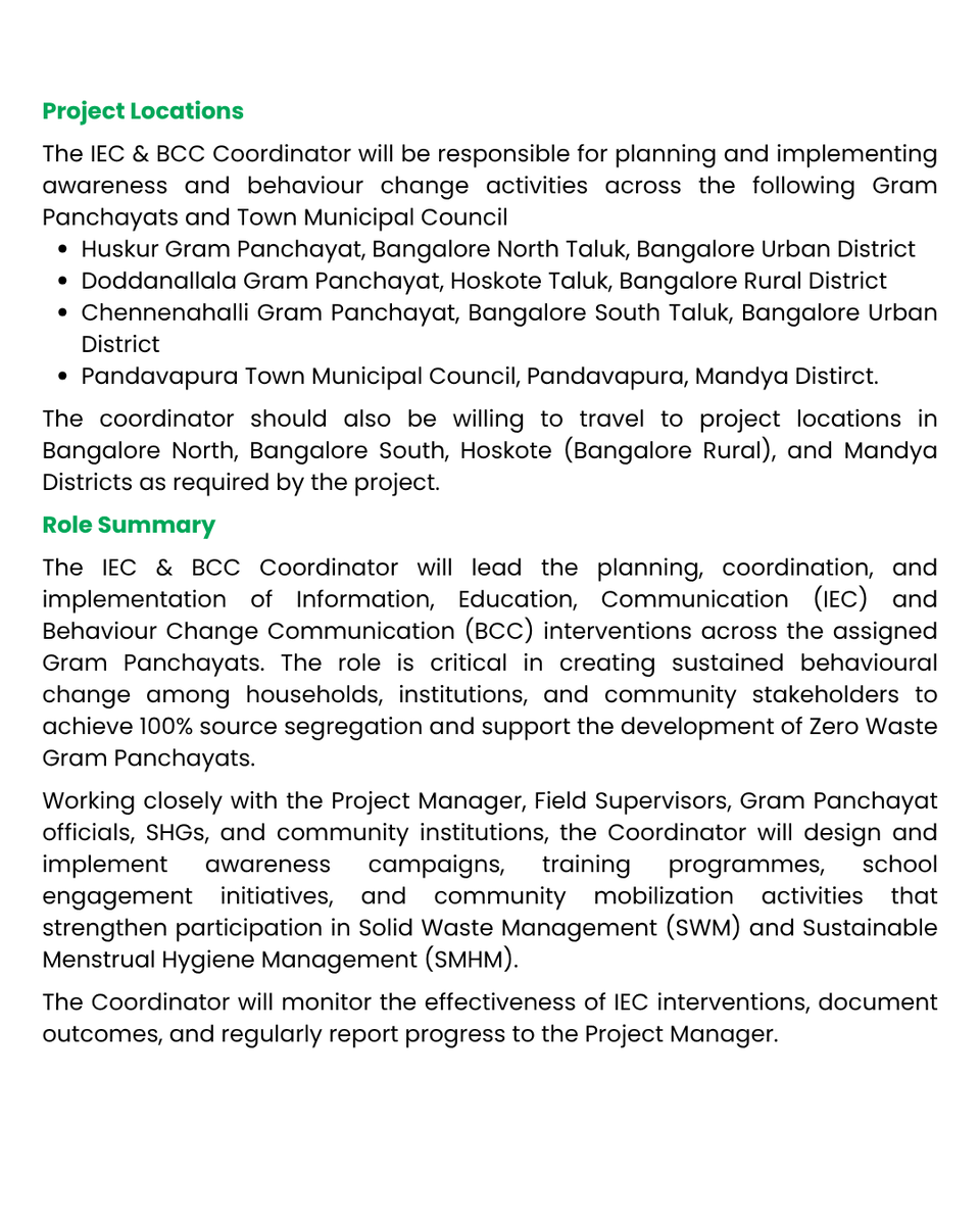 Hasiru_Dala's tweet photo. 📢 We’re hiring!
Hasiru Dala is looking for an IEC &amp; BCC Coordinator to lead community awareness, behaviour change &amp; training initiatives on sustainable waste management.
📍Bengaluru &amp; Mandya
💼3+ yrs experience
💰₹30,000 CTC
📩anil@hasirudala.in | hr@hasirudala.in
Link below. https://t.co/atW8L6DxLY
