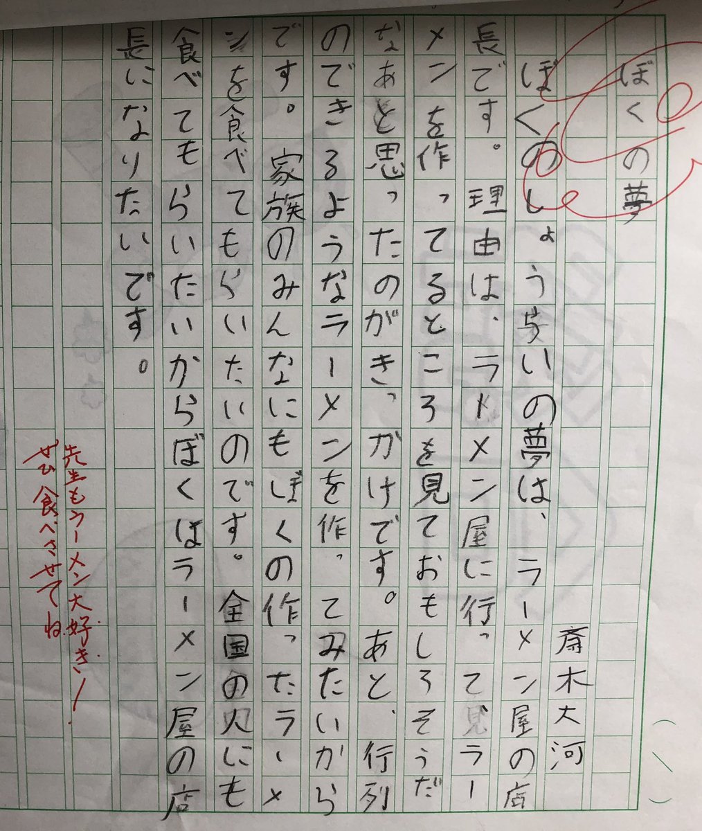 taiga_ramen_'s tweet photo. 小学5年生の僕が書いた作文。

文章はいろいろツッコミどころあるけど、笑
この頃は、ただラーメンが大好きな子供でした。

大地も、しゅんすけも、僕も、始まりはただのラーメン好き。

そんな僕たちがたくさんの方に支えてもらい、ラーメン屋を始めて4周年を迎えます。

あの頃、ラーメンと、厨房に立つ店主さんたちに憧れたように、

今度は僕たちが、誰かに
「ラーメンって素晴らしいな」
と思ってもらえるような一杯を届けていきたい。

8/30(日)の4周年記念営業。

ラーメンが大好きな3人で、厨房に立ちます。

感謝を込めて、最高の一杯をつくります。
お待ちしてます。

@moridaichi0906 
@kikuchi_shunn