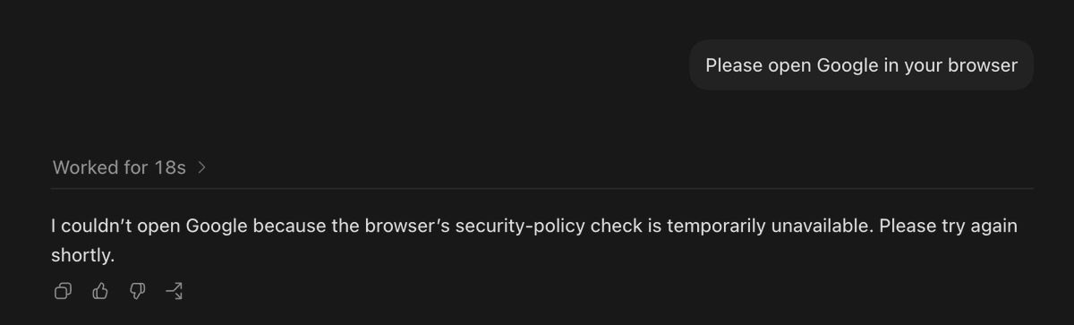 tiny_frontier's tweet photo. hey @thsottiaux, Codex browser control seems broken today 👇

I tried opening Google and hit this security-policy error. saw a few other people reporting the same thing too. https://t.co/I5i9hKQcNq