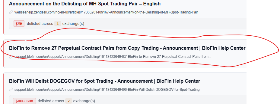 delistedcoins's tweet photo. Blofin is about to remove a lot of perpetual contract pairs. Check your trades if you use this platform.

Get more live updates on our website👇
https://t.co/1gQjfdyfJs https://t.co/njpJBsItNG