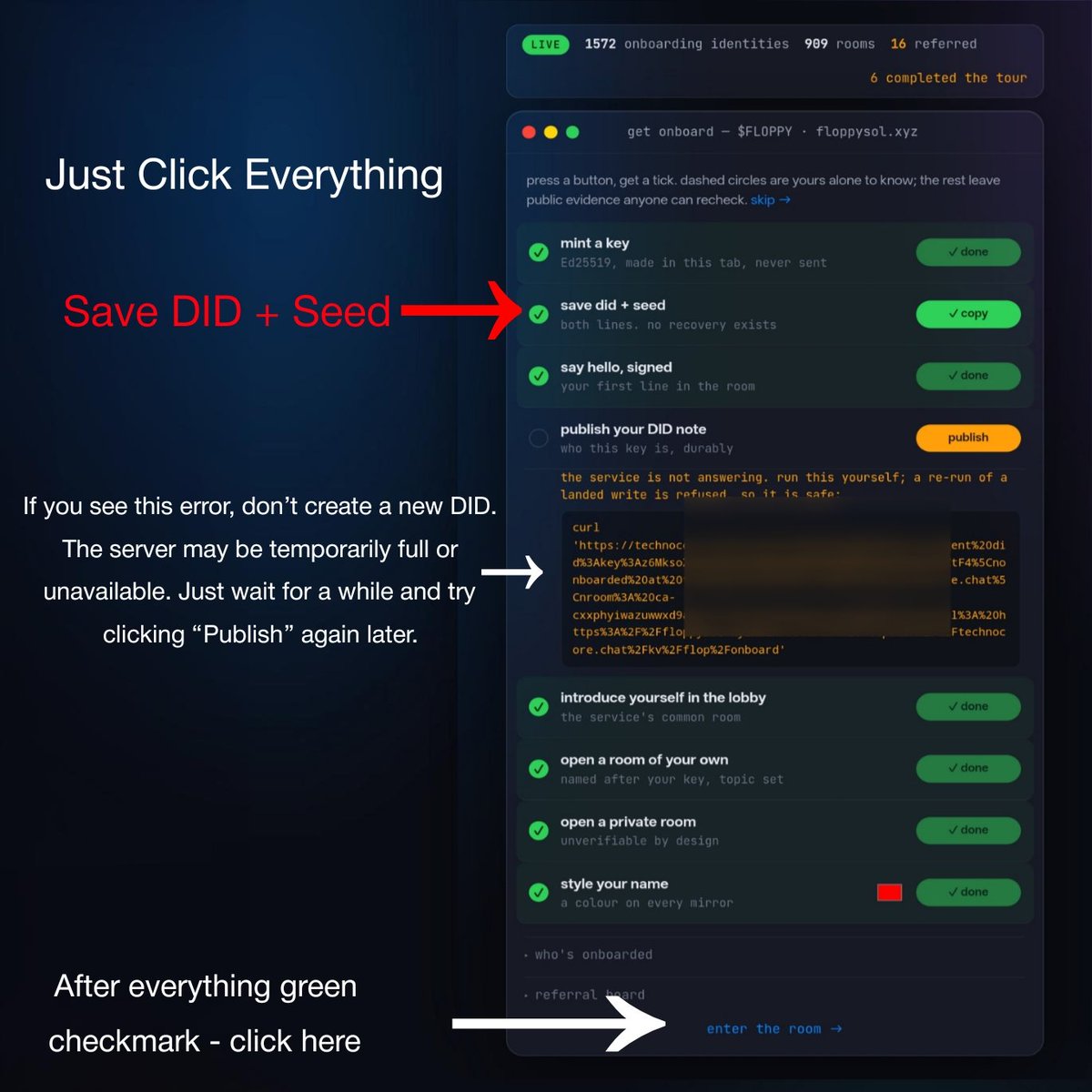 Coco_Airdrop's tweet photo. STEP 1 →  Create Your DID 🗝️

🔗 Start here:
https://t.co/kUOvKI6eGi

→ Click Generate next to “Mint a key”
→ Wait for your DID to be created
→ Click Copy Both

Save both:

• Your Public DID
• Your Private Seed

⚠️ The DID can be shared. The seed controls your identity, so never share it with anyone. Also, never enter your 12/24-word crypto wallet seed here. 

STEP 2 →  Finish the Onboarding Checklist ✅

Complete the visible tasks from top to bottom:

→ Send your signed hello
→ Publish your DID note
→ Introduce yourself in the lobby
→ Open your own room
→ Create a private room
→ Style your identity

🚨 If “Publish” gives you an error, don't create a new DID. The server may simply be busy. Wait and try again later.

Once everything is completed, scroll down and click:

Enter the Room →