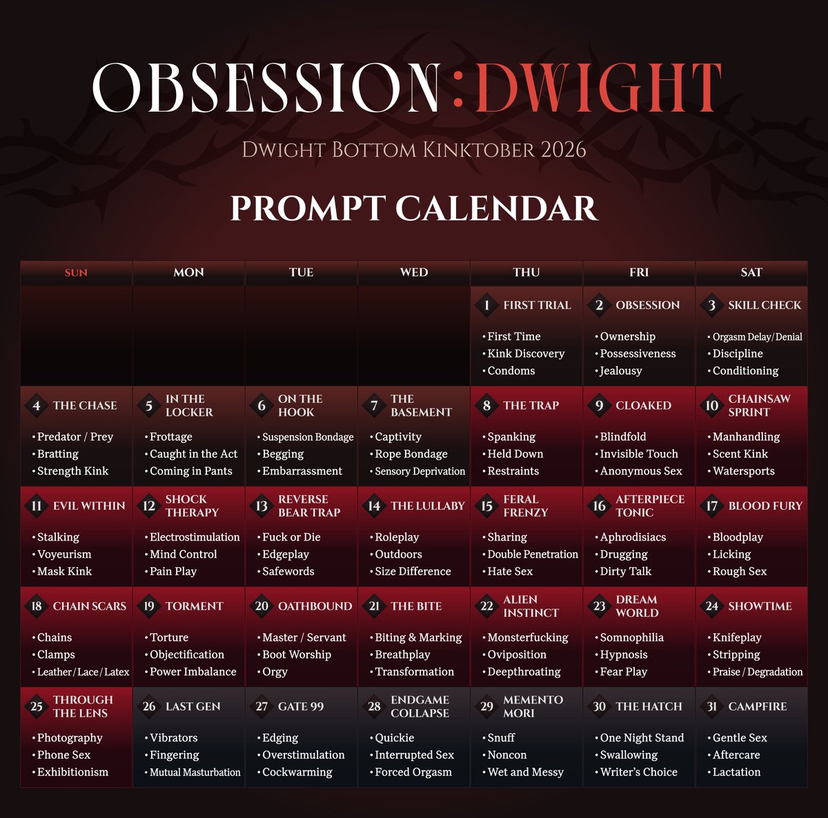 obsessiondwight's tweet photo. OBSESSION : DWIGHT
안개 속, 31일간의 시련
10/1 – 10/31 · 드와이트 수 고정 · Kinktober 2026
원하는 날짜·제시어로 자유롭게 참여해 주세요.
🌐 Full rules available in English

#OBSESSION_DWIGHT #DwightFairfield https://t.co/ZWNjXtklZv