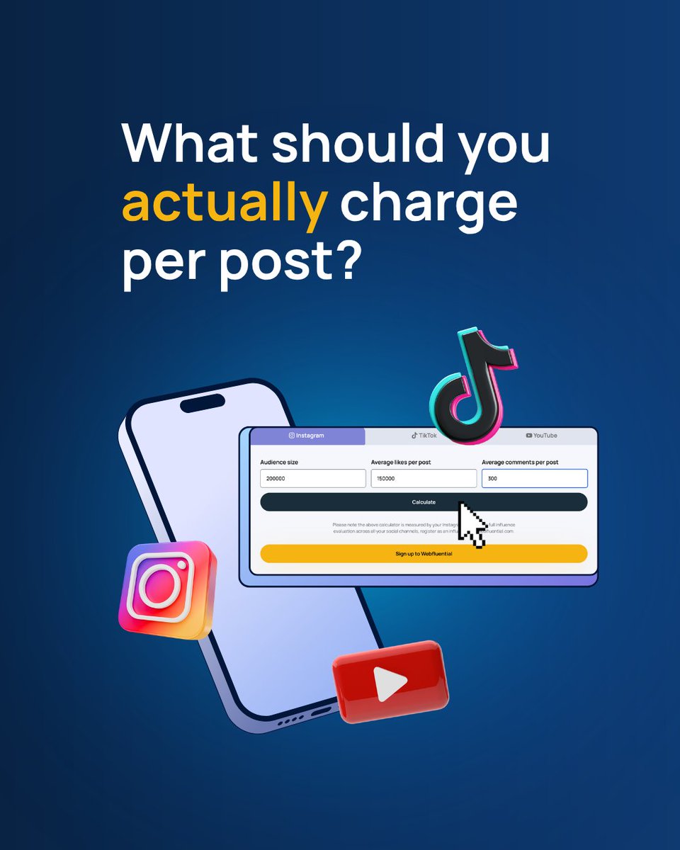 WebfluentialZA's tweet photo. What should you actually charge per post?

Our free influence estimator tells you in under a minute. Audience size + engagement in = earning potential out. Works for Instagram, TikTok and YouTube.

Stop guessing your rates: https://t.co/lb08I5GyKu

#Webfluential #InfluencerMarketing #KnowYourWorth