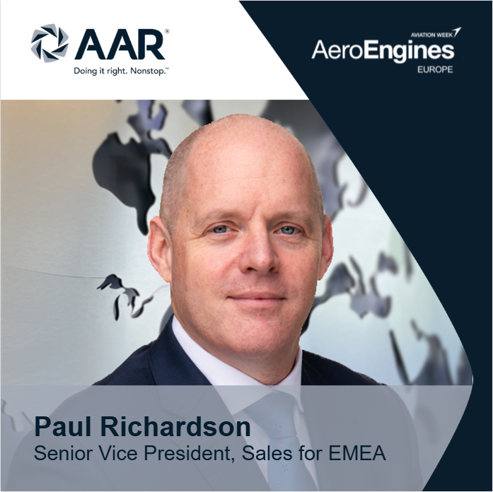 AARCORP's tweet photo. AAR is attending AeroEngines Europe in Lisbon, Portugal, on September 1 and 2!
 
Paul Richardson, AAR’s Senior Vice President of Sales for EMEA, will be speaking on the “Engine Retirement and the Impact on the USM Market” panel on September 2. 
 
Stop by to learn how stakeholders can better predict engine retirement waves to optimize USM inventory management.
 
#AEEUR #DoingItRightNonstop