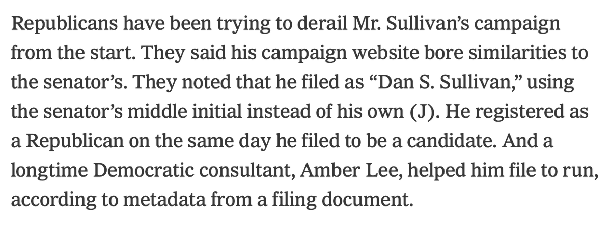 ByronYork's tweet photo. The Great Alaska Dirty Trick continues. Daniel J. Sullivan, the phony candidate, will be on the ballot with Daniel S. Sullivan, the incumbent Republican senator. Today's NYT omits the evidence of bad faith that the paper reported not too long ago. On the left, the 8/26 story; on the right, the 8/18 story.