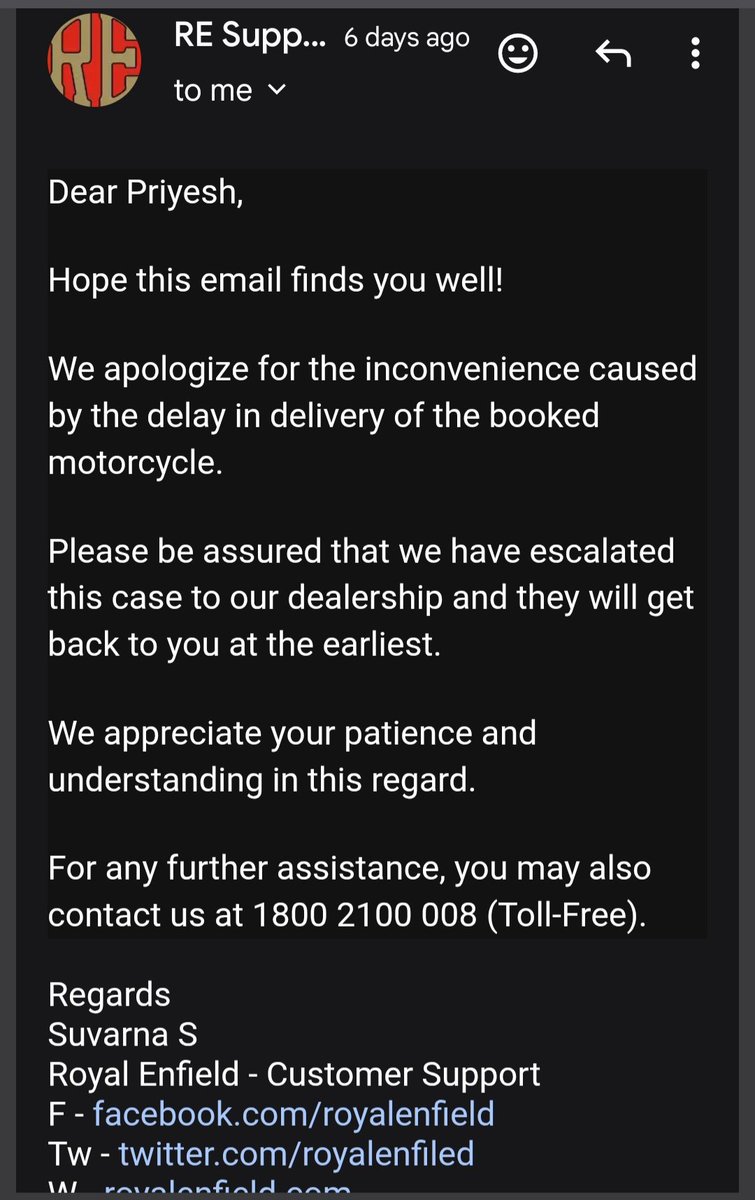 ImPriyeshK2's tweet photo. @royalenfield Booked my Meteor 350 on 5 Jul,Promised 40–45 days, but still no confirmed delivery. App says 28 Aug,dealer says nothing is confirmed. Is this your Cust service? Royal attitude, zero service, Should’ve chosen Honda, shame on RE how they treat aftr taking their money. https://t.co/lCi4Dj3Ndx
