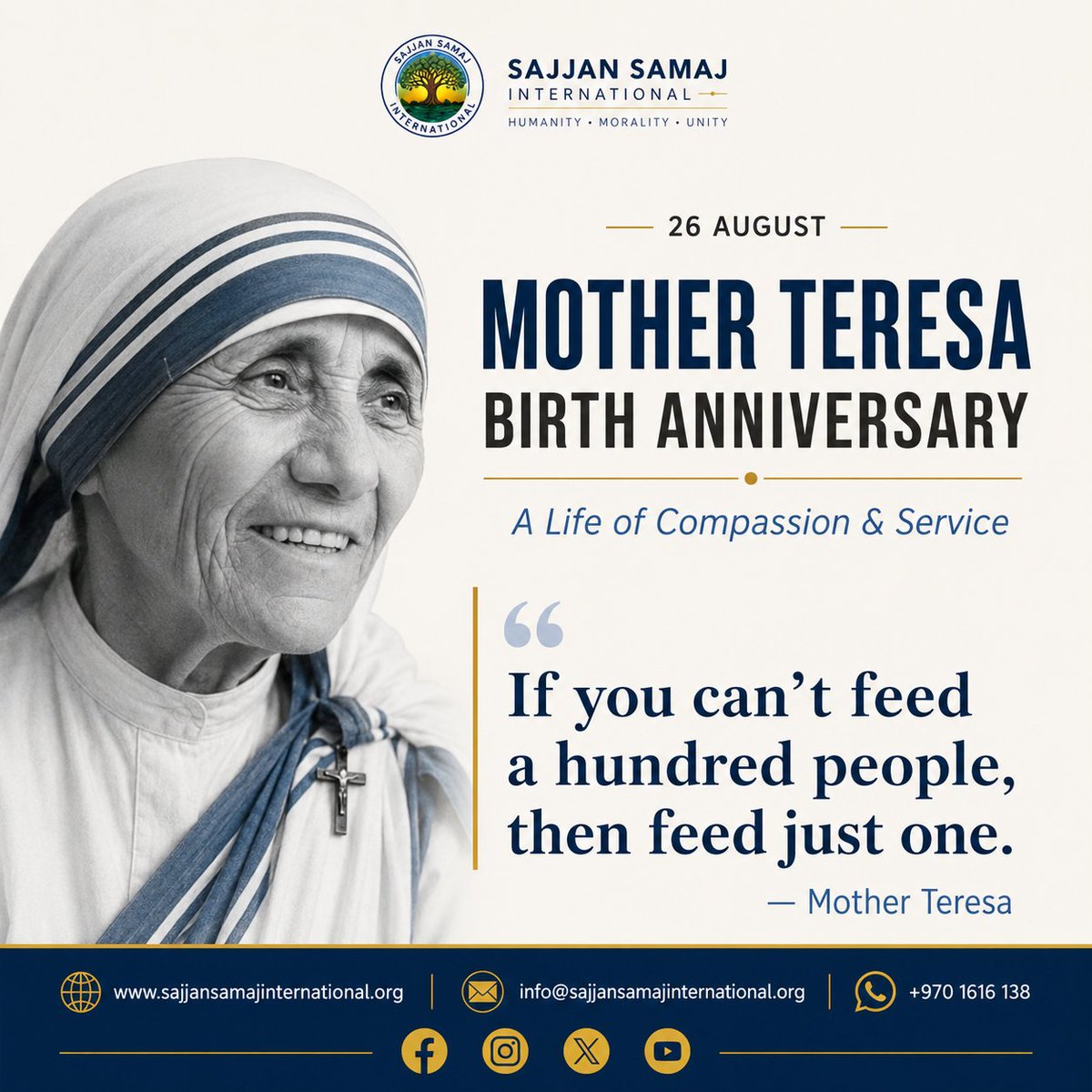 SajjanSamaj's tweet photo. 🌿 Remembering Mother Teresa
A life of compassion, service &amp; humanity. ❤️

“Feed just one.”

#MotherTeresa #Humanity #Compassion #Service #SajjanSamajInternational https://t.co/pVFVbWNBgX
