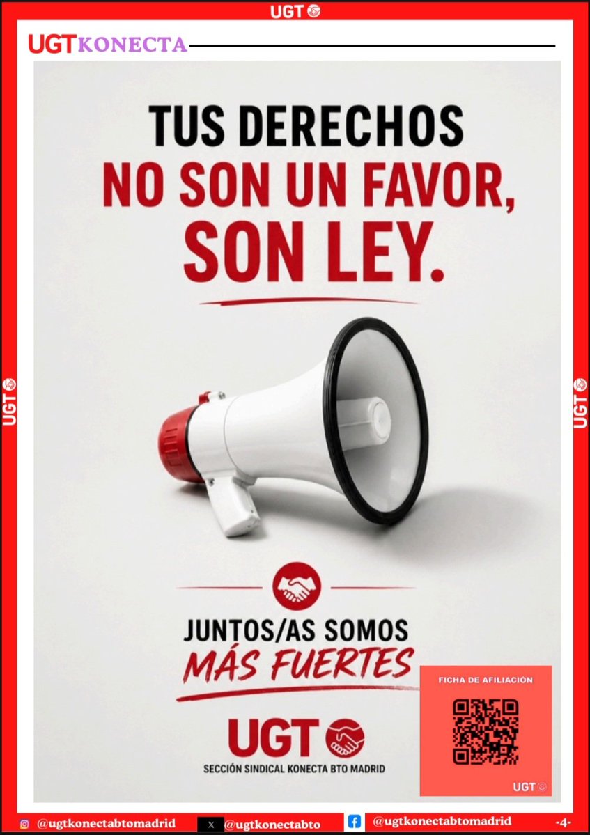ugtkonectabto's tweet photo. 📢BOLETÍN UGT #KONECTATODAY / AGOSTO 2026

#UGT #KONECTABTO
#FeSMC #contactcenter 

🚨CONTADOR DE LA VERGÜENZA HASTA JULIO
🔹 REUNIÓN COMISIÓN DE FORMACIÓN 
🔹 LO IMPORTANTE DEL ABSENTISMO 
🔹 FLEXIBILIDAD HORARIA: INICIO CURSO ESCOLAR 
🔹 TUS DERECHOS NO SON UN FAVOR ¡AFÍLIATE! https://t.co/vtdtklLQ1p