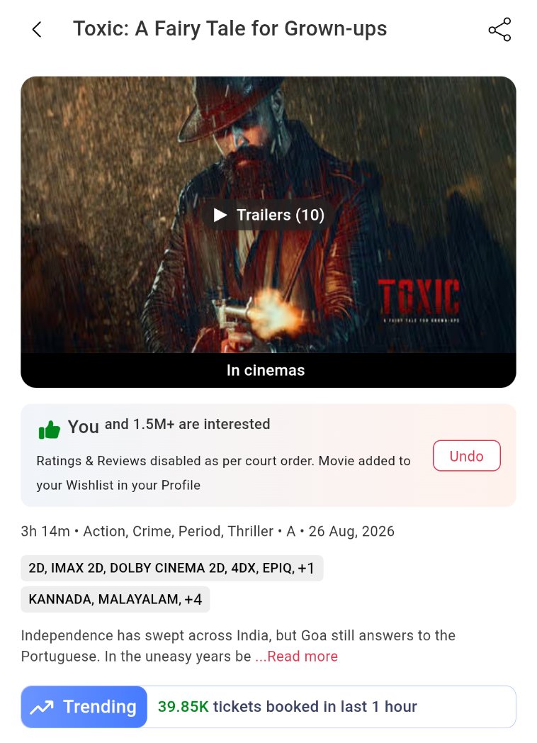 TheDankOpinions's tweet photo. #Toxic team removed the ratings from #BookMyShow
A good move, considering the way negativity was spreading like fire.
Hope actual word of mouth comes into play now 👍
The ball is in the public's court.
#ToxicDay2advance #ToxicDay1collection #ToxicHindi #ToxicReview #ToxicPublic https://t.co/tw28rzRE5G