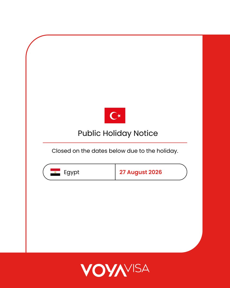 voyavisa's tweet photo. Public Holiday Notice! 📢

Please be informed that our office in Egypt will be closed on August 27, 2026, due to a public holiday, and we will resume our regular services as usual on August 30, 2026. 

Thank you for your understanding!

​#Voyavisa #PublicHoliday #Egypt #VisaServices #Notice #Travel

---

يرجى العلم بأن مكتبنا في مصر سيكون مغلقاً يوم 27 أغسطس 2026، وذلك بمناسبة عطلة رسمية، وسنستأنف أعمالنا وخدماتنا المعتادة كالمعتاد يوم 30 أغسطس 2026.

 شكراً لتفهمكم!

​#فويافिसा #عطلة_رسمية #مصر #خدمات_التأشيرات #إشعار #سفر #
