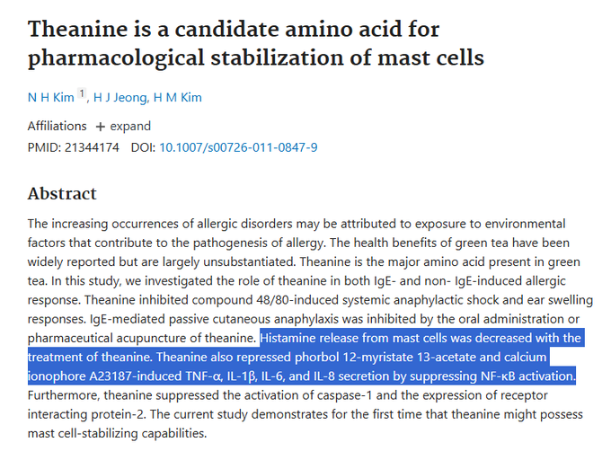 questmoosa's tweet photo. L-theanine is a mast cell stabilizer that can reduce anaphylactic shock (by reducing histamine synthesis).   

Doses for anxiety tend to be around 200 mg  

Very powerful supplement. https://t.co/ZVmyzd2n7r
