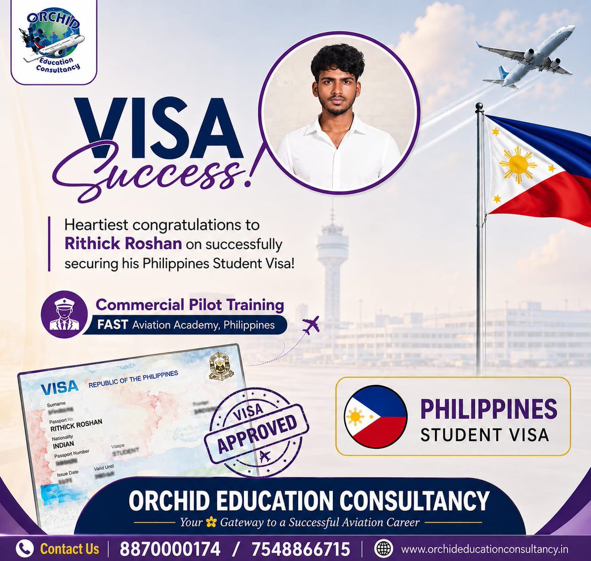 nainarhasna's tweet photo. ✈️🎉 VISA SUCCESS! 🎉✈️
👨✈️ Commercial Pilot Training
🎓 FAST Aviation Academy, Philippines
🌍 Your dream of becoming a pilot takes flight!
💜 Orchid Education Consultancy
📞 8870000174 / 7548866715
#VisaSuccess #PhilippinesStudentVisa #CommercialPilotTraining #PilotTraining https://t.co/j02i00qrFy