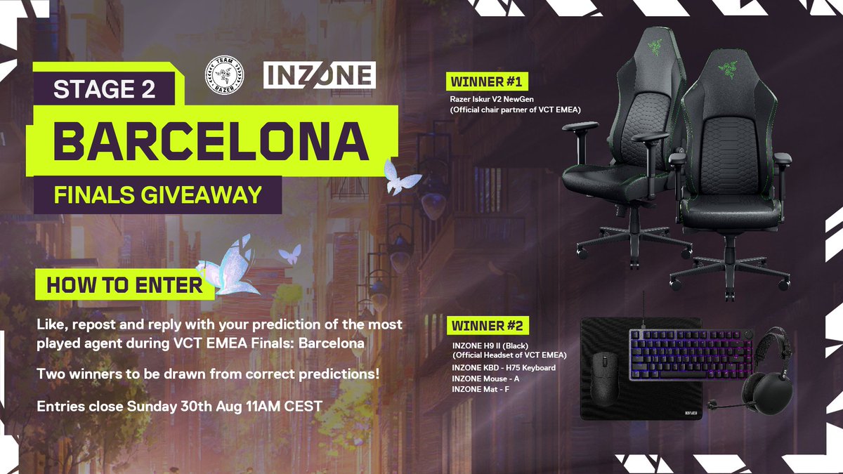 vct_emea's tweet photo. Gear up like the #VCTEMEA pros!

Like, repost and reply to this post with your prediction of the most played agent during VCT EMEA Finals: Barcelona.
Two winners to be drawn from correct predictions!
Entries close Sunday 30th Aug 11:00 CEST. https://t.co/5HMxZM7Fbm